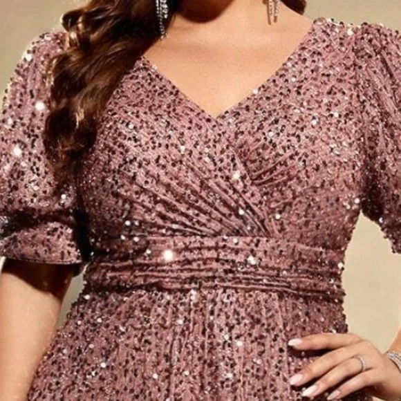 Plus Sequin Puff Sleeve High Waisted Party Formal Wedding Dress - Picture 7 of 9